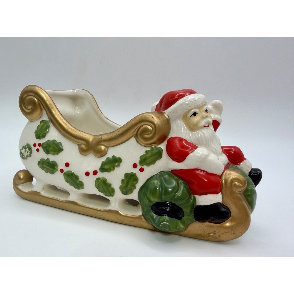 Vintage Vitabath Ceramic Santa with Sleigh Hand Painted 7" Candy Holder Planter